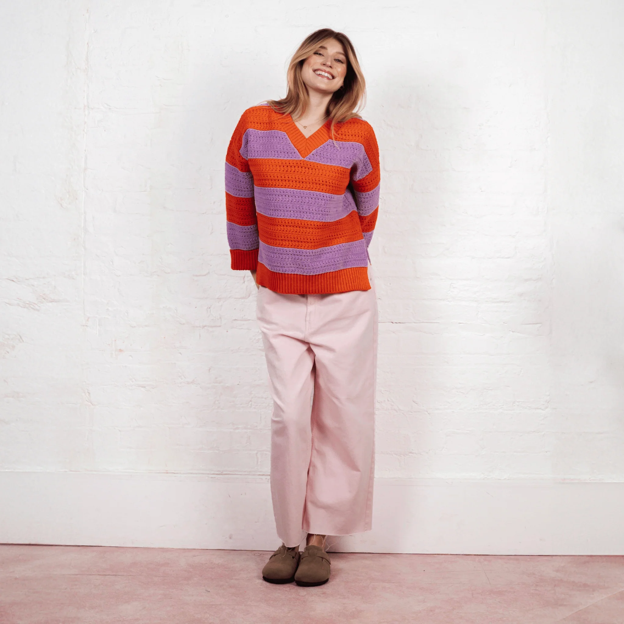 Millie Crochet Stripe V Neck Cotton Blend Jumper - Orange - Image 4