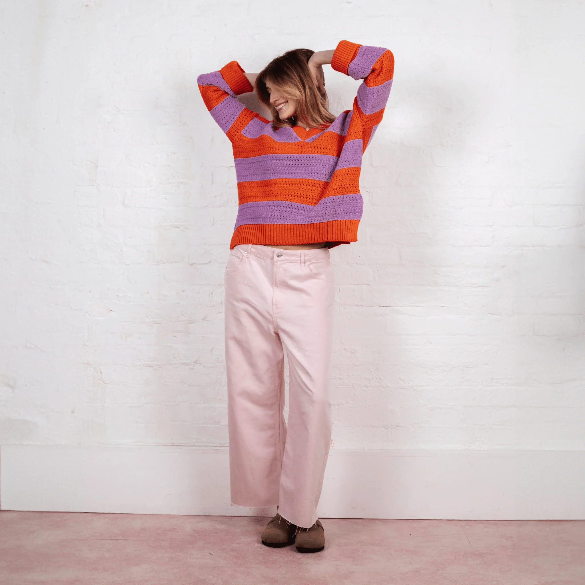 Millie Crochet Stripe V Neck Cotton Blend Jumper - Orange - Image 5