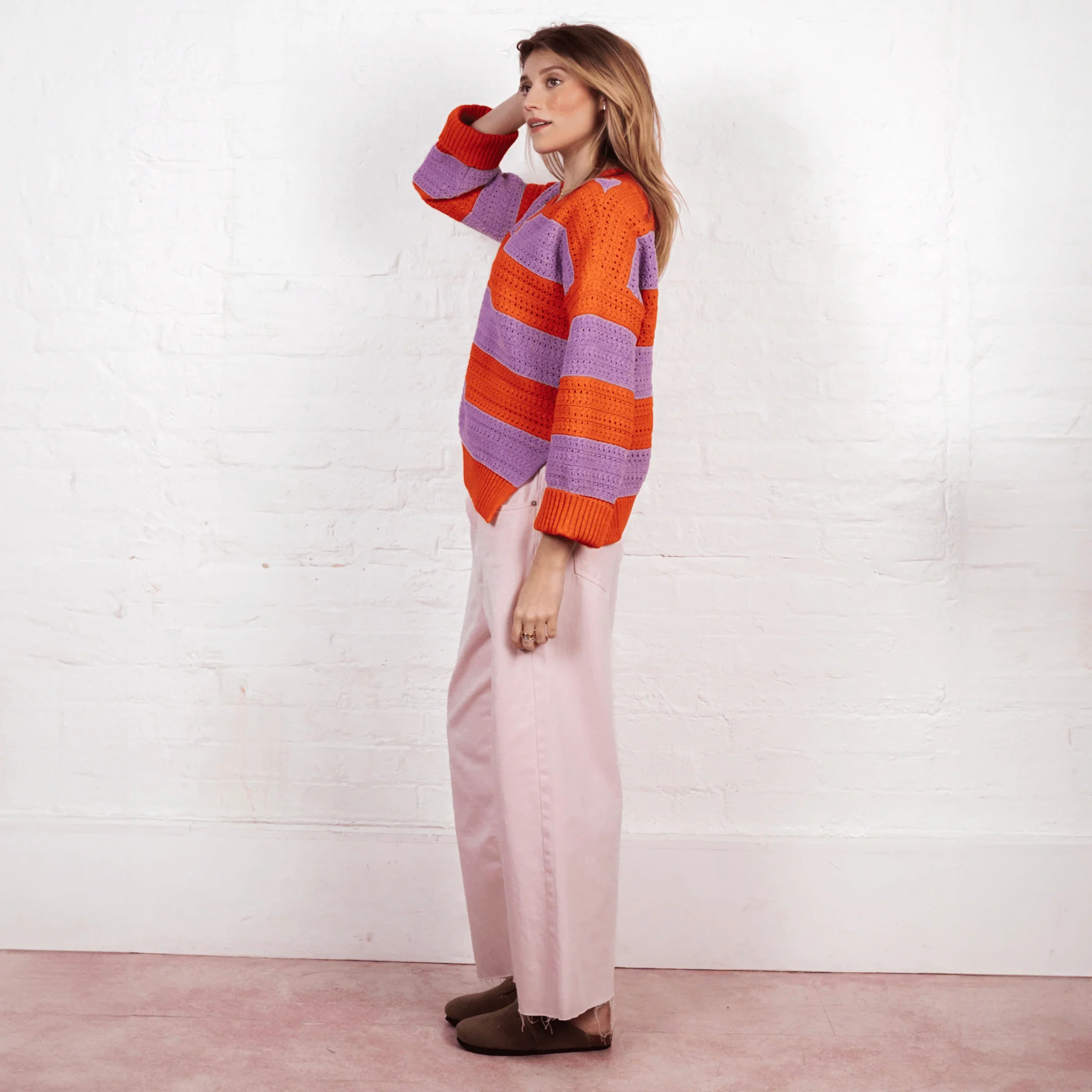 Millie Crochet Stripe V Neck Cotton Blend Jumper - Orange - Image 6