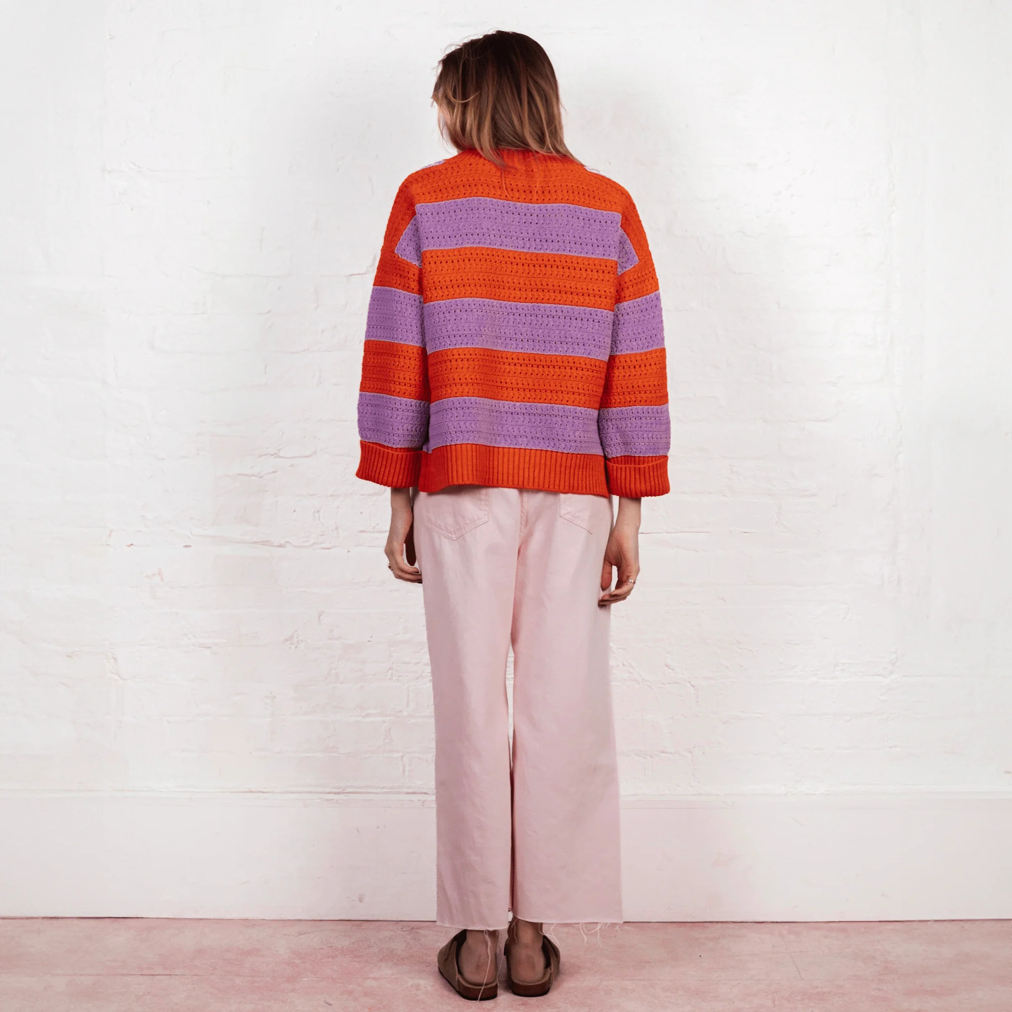 Millie Crochet Stripe V Neck Cotton Blend Jumper - Orange - Image 7