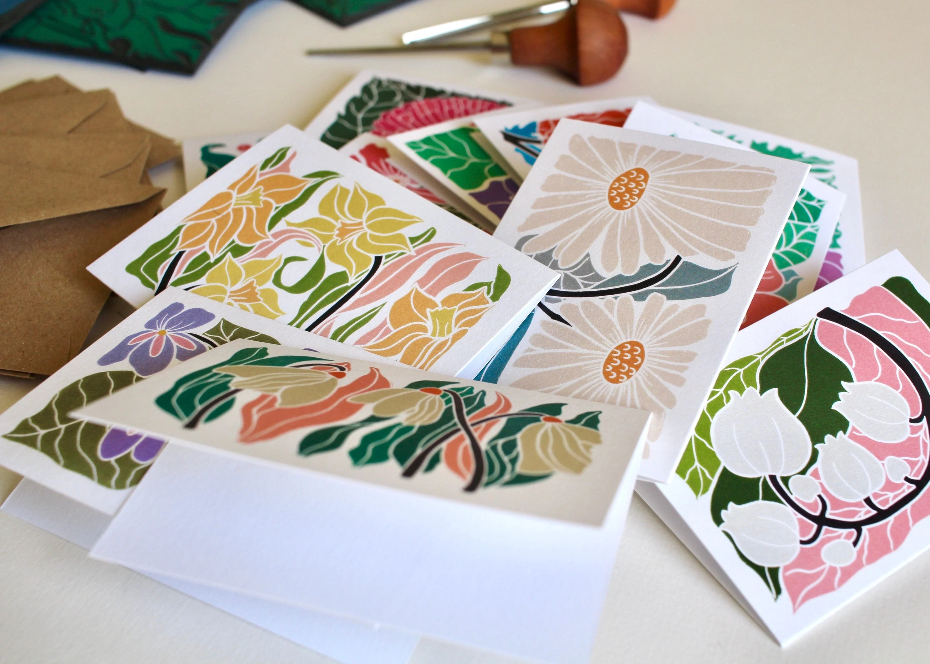 Mini Birth Flower Linocut Note Cards - Set of 12 | Colourful Flowers by month / A7 Notelet card & envelope set - Image 2