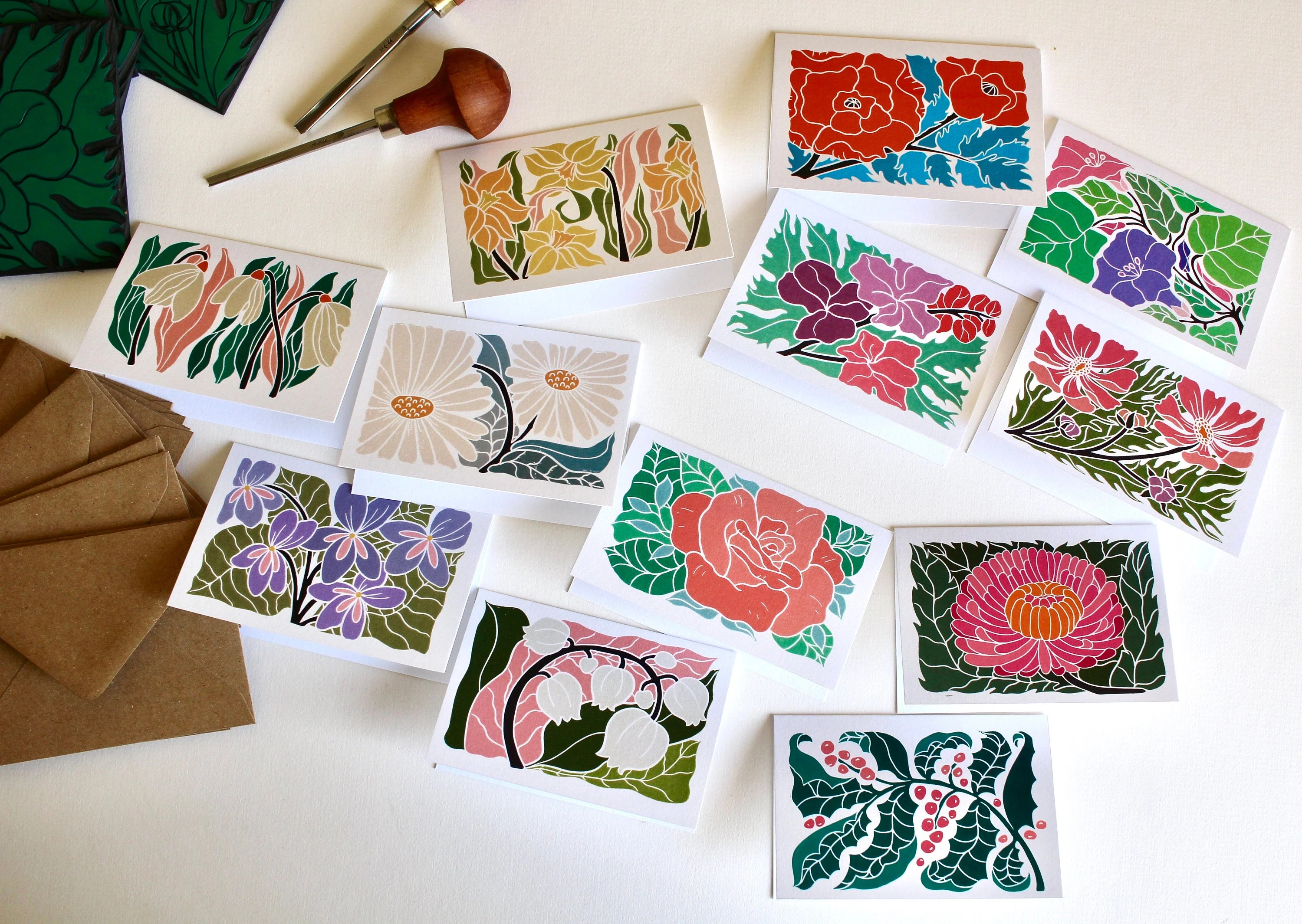 Mini Birth Flower Linocut Note Cards - Set of 12 | Colourful Flowers by month / A7 Notelet card & envelope set - Image 3