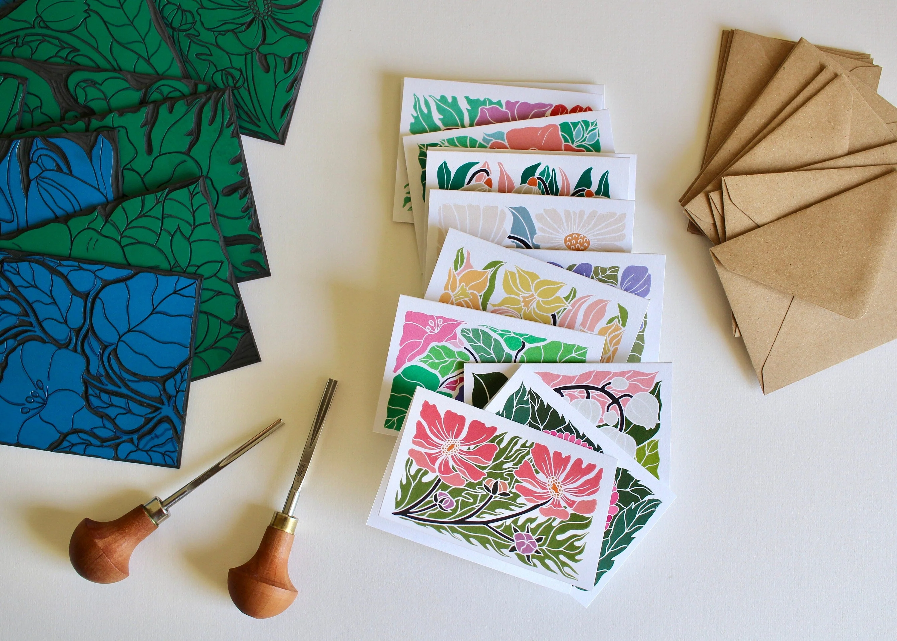 Mini Birth Flower Linocut Note Cards - Set of 12 | Colourful Flowers by month / A7 Notelet card & envelope set - Image 4