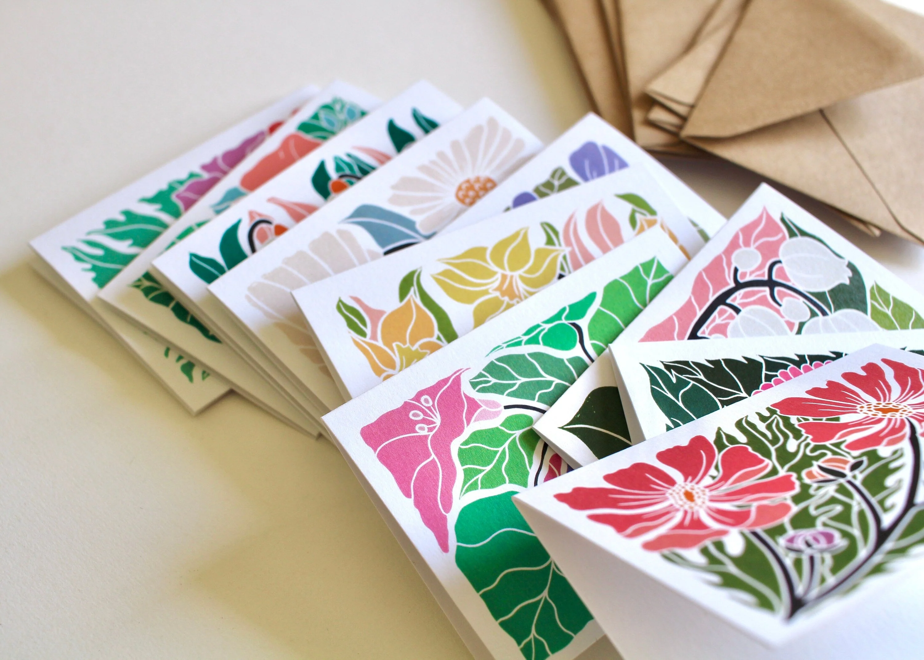 Mini Birth Flower Linocut Note Cards - Set of 12 | Colourful Flowers by month / A7 Notelet card & envelope set - Image 5