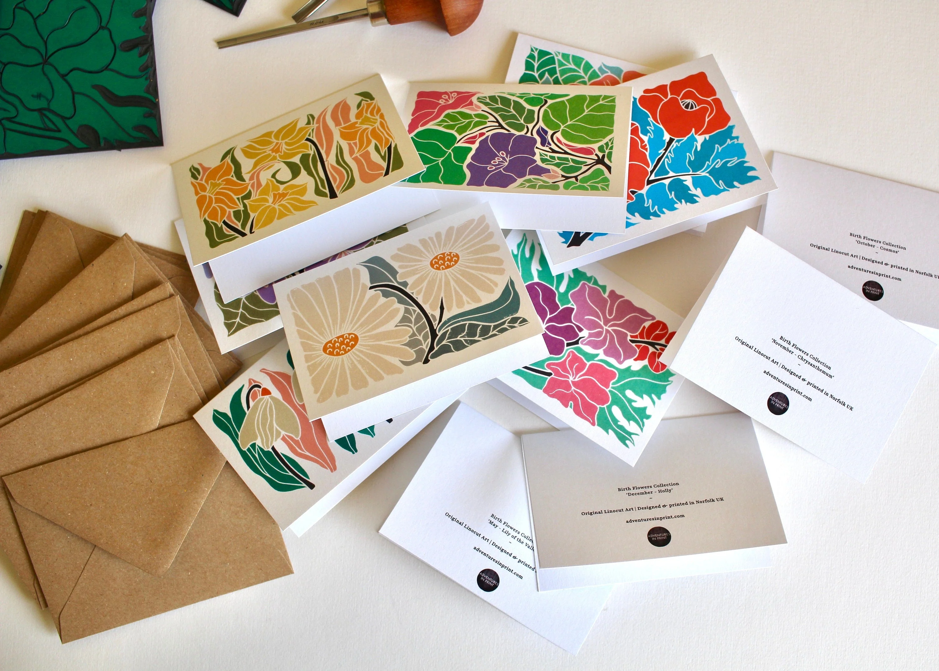 Mini Birth Flower Linocut Note Cards - Set of 12 | Colourful Flowers by month / A7 Notelet card & envelope set - Image 7
