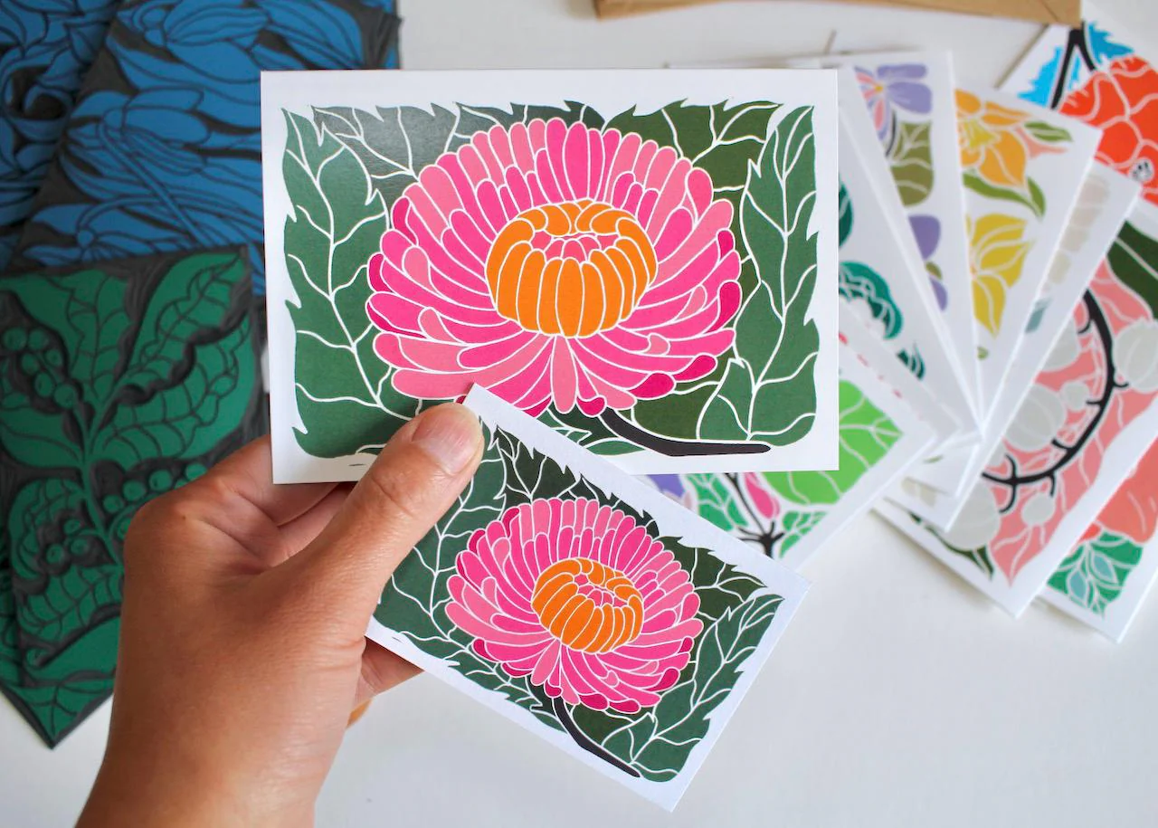 Mini Birth Flower Linocut Note Cards - Set of 12 | Colourful Flowers by month / A7 Notelet card & envelope set - Image 9