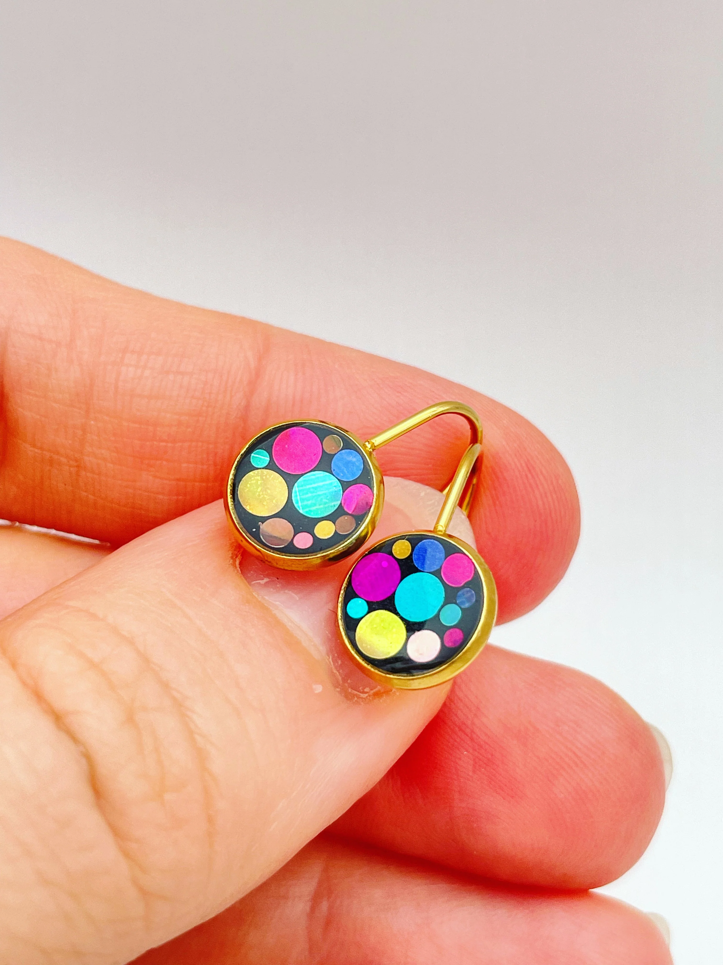 Mini disco drop earrings with colourful sparkles - Image 3