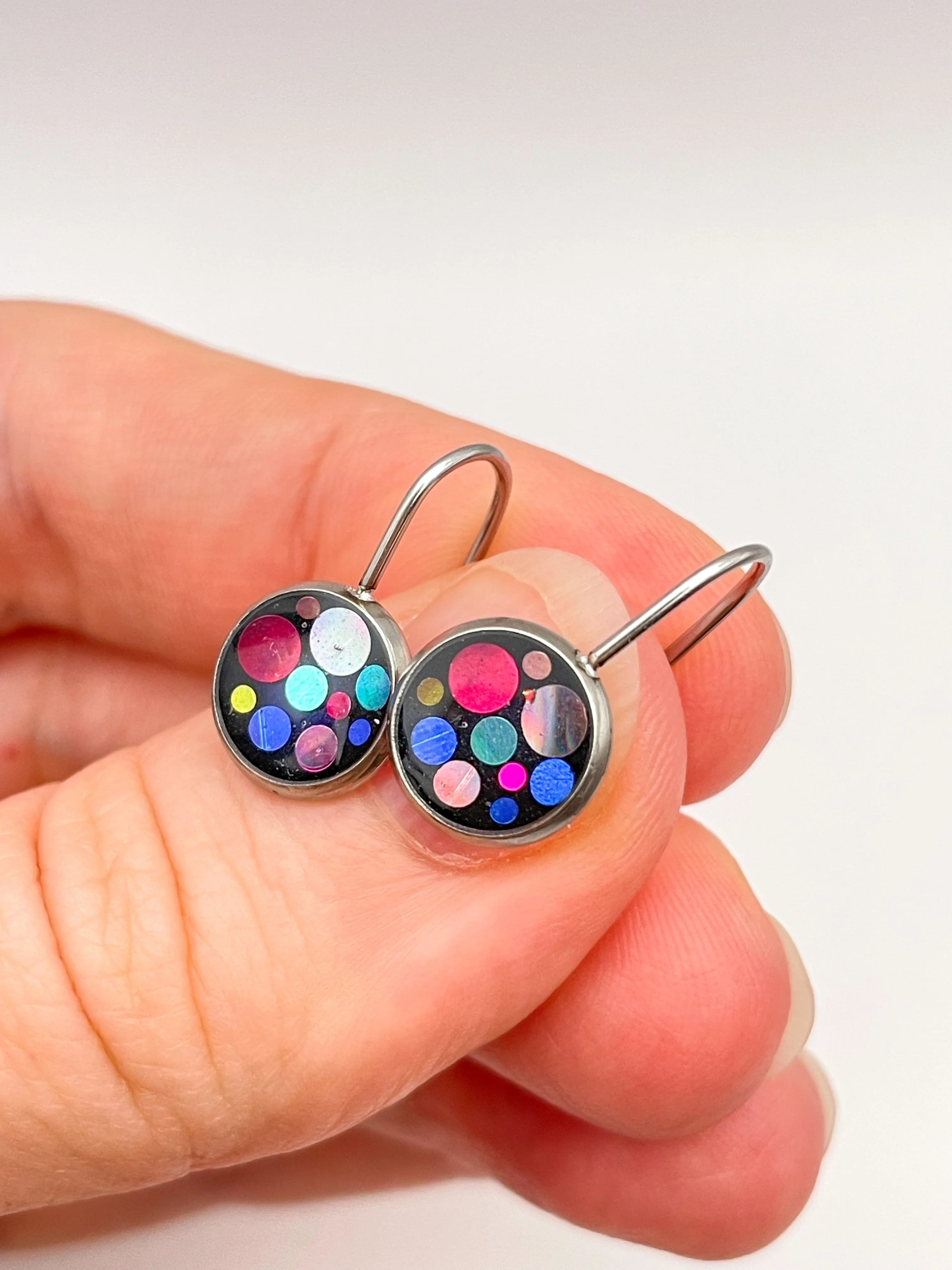 Mini disco drop earrings with colourful sparkles - Image 4