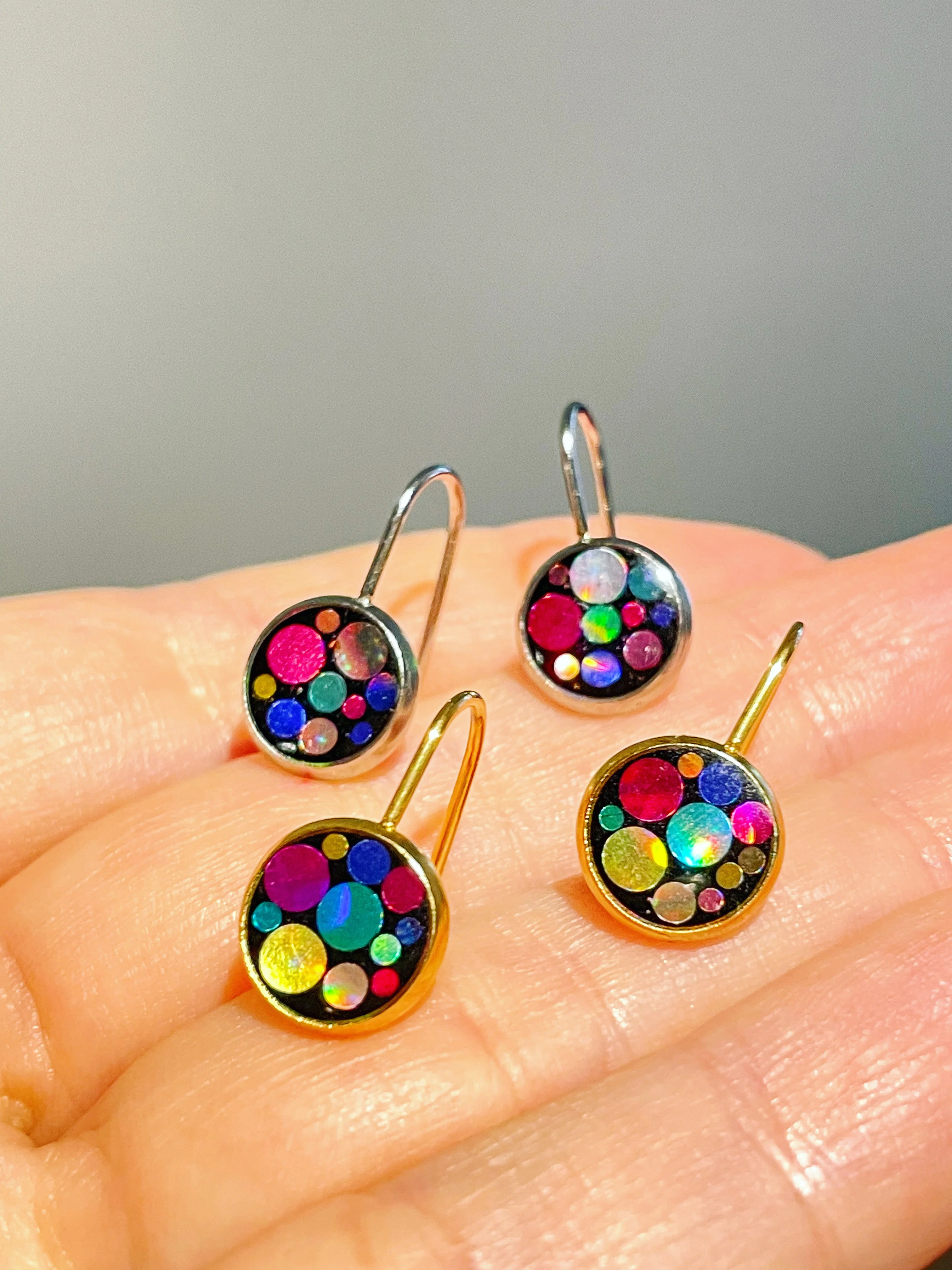 Mini disco drop earrings with colourful sparkles - Image 6