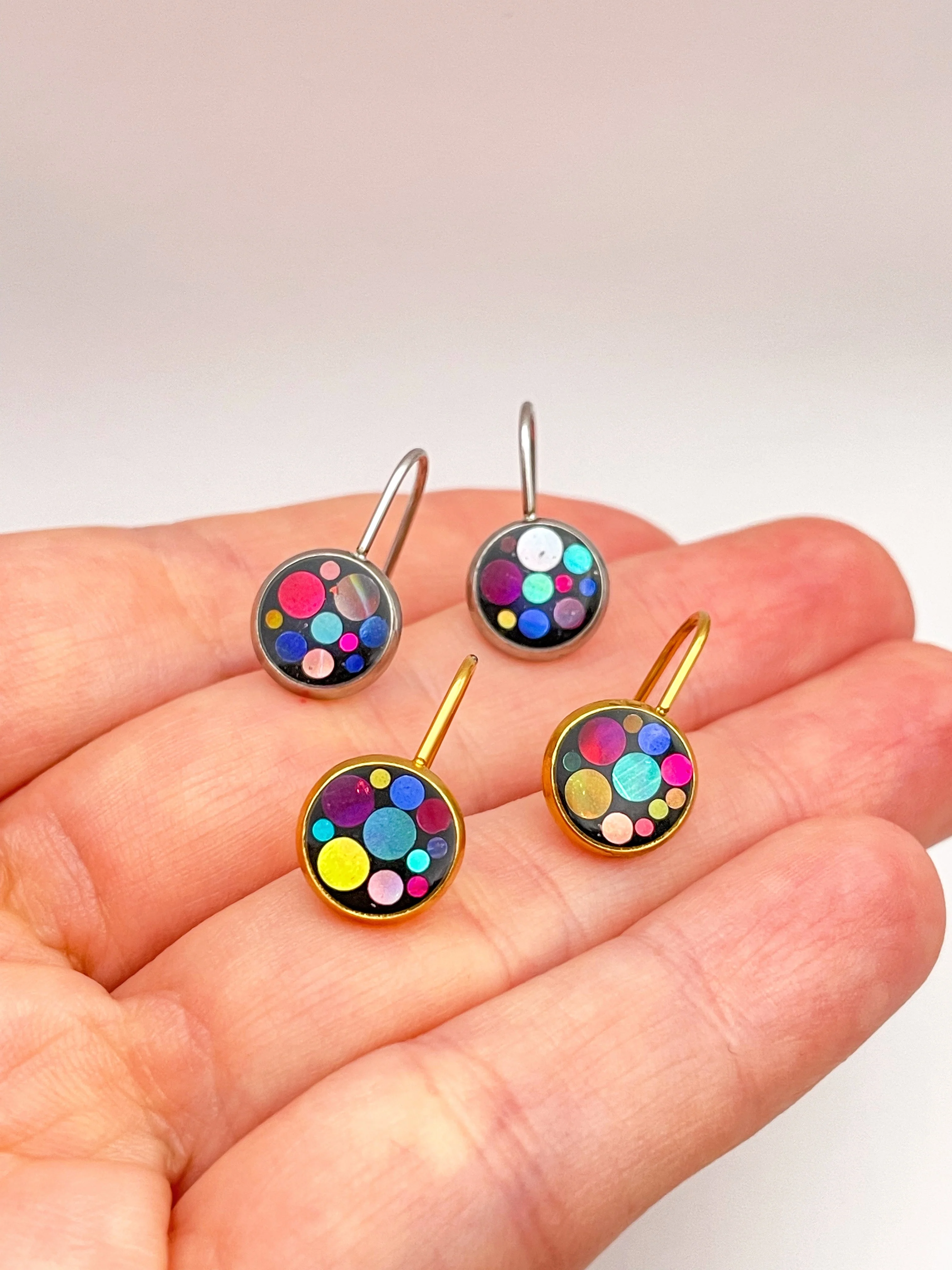 Mini disco drop earrings with colourful sparkles - Image 8