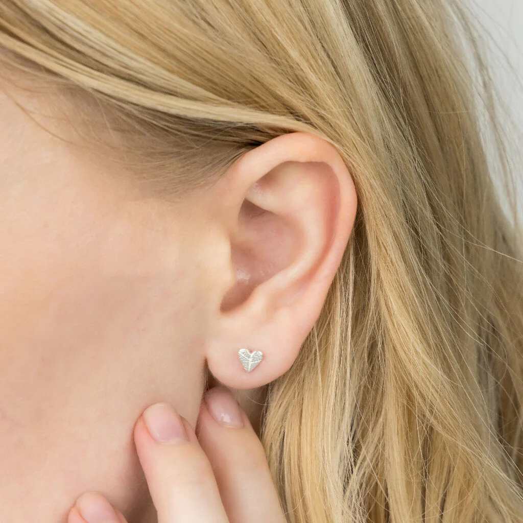 Mini Silver Leaf Print Heart Ear Studs - Image 2