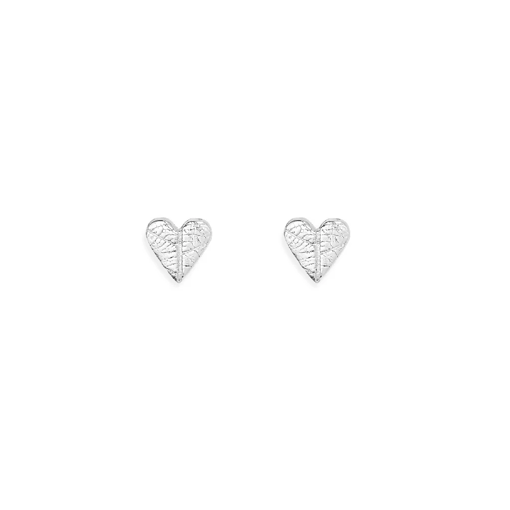 Mini Silver Leaf Print Heart Ear Studs - Image 3