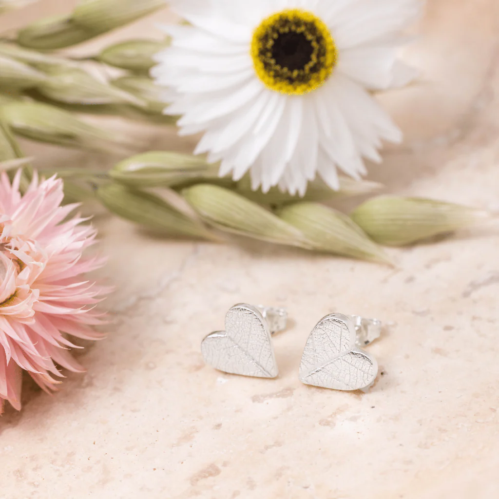 Mini Silver Leaf Print Heart Ear Studs - Image 4