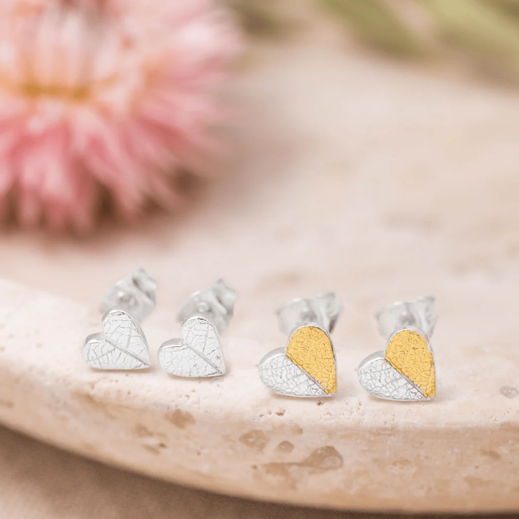 Mini Silver Leaf Print Heart Ear Studs - Image 6