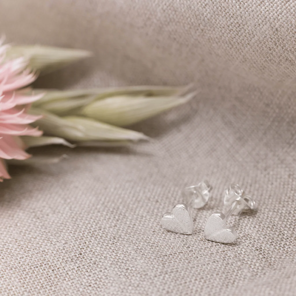 Mini Silver Leaf Print Heart Ear Studs - Image 8