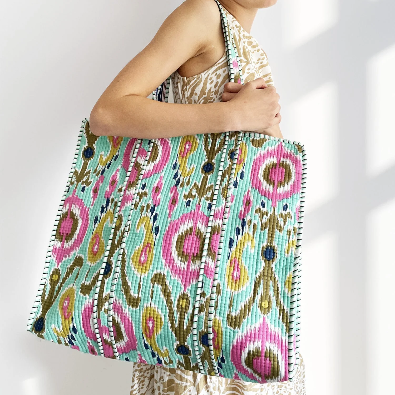 Mint Ikat Design Large Quilted Cotton Shoulder Bag