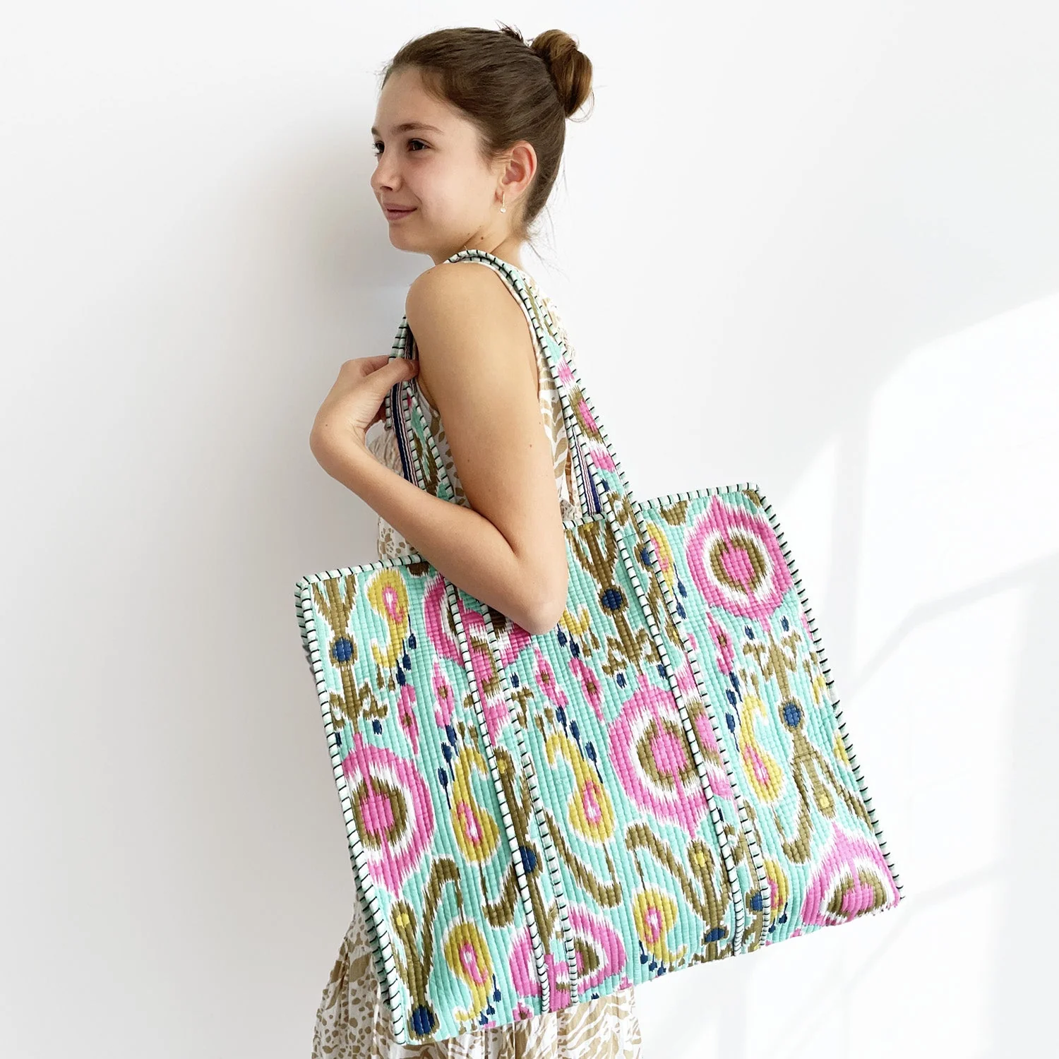 Mint Ikat Design Large Quilted Cotton Shoulder Bag - Image 6