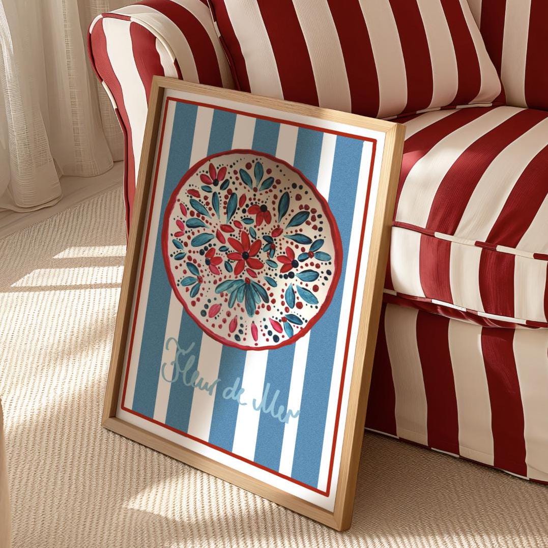 Modern Floral Wall Art Colorful Blue And White Striped Artwork - Image 4