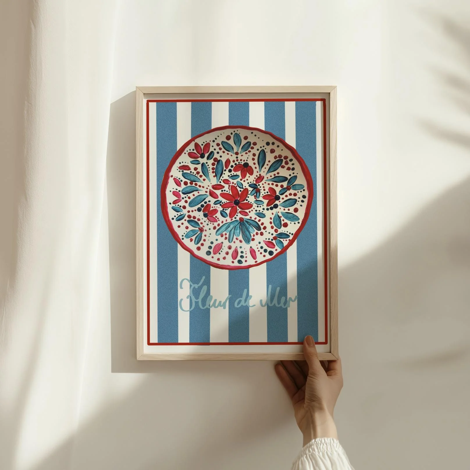 Modern Floral Wall Art Colorful Blue And White Striped Artwork - Image 5