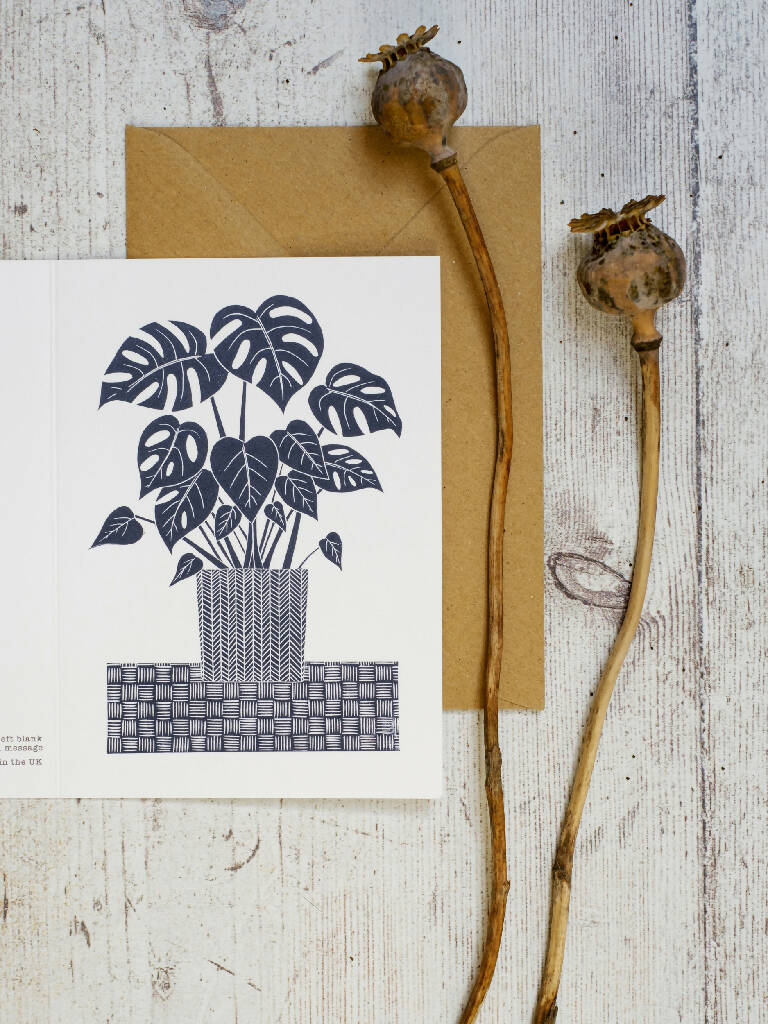 Monstera Houseplant A6 Lino Print Greeting Card - Image 3