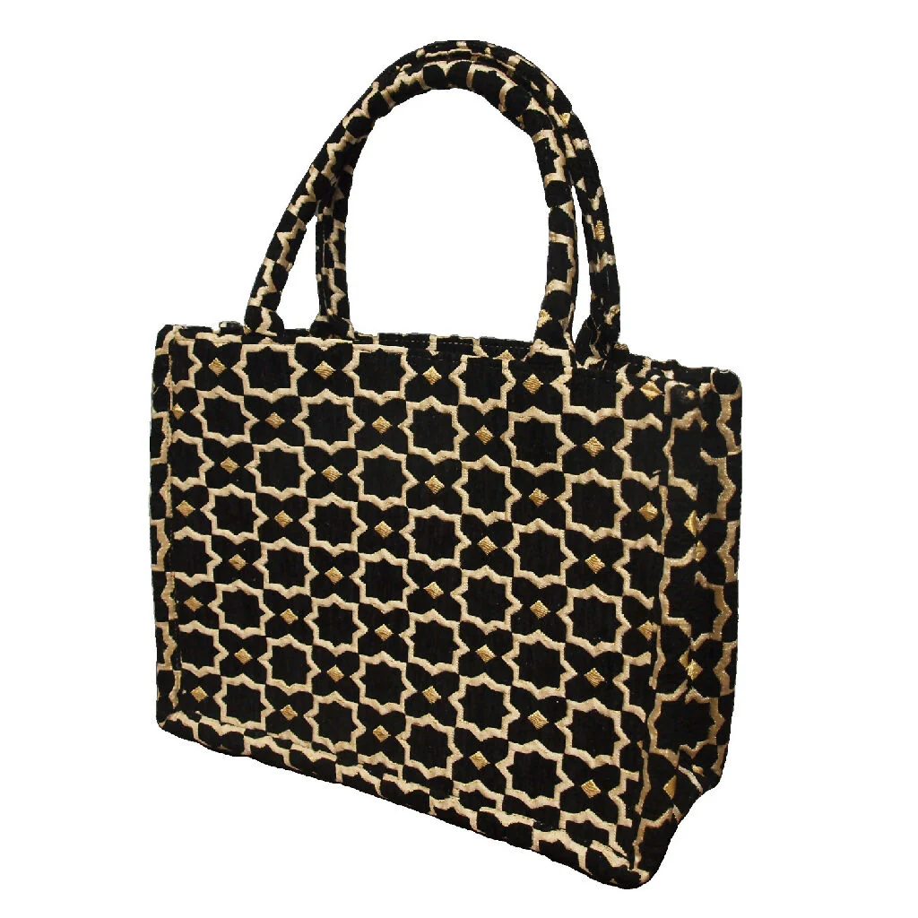 Moroccan Geometric Print Fabric Tote Bag in Black - Image 3