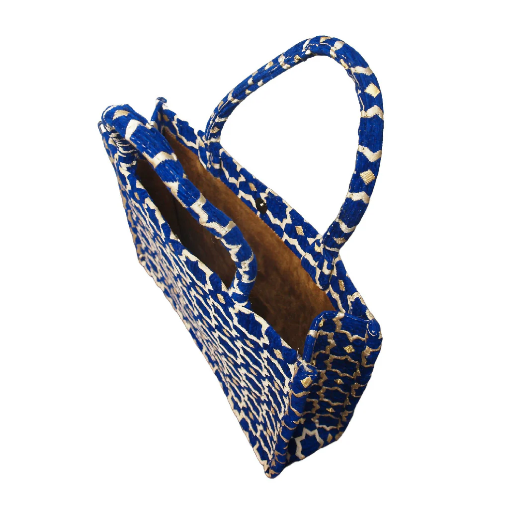 Moroccan Geometric Print Fabric Tote Bag in Blue - Image 2