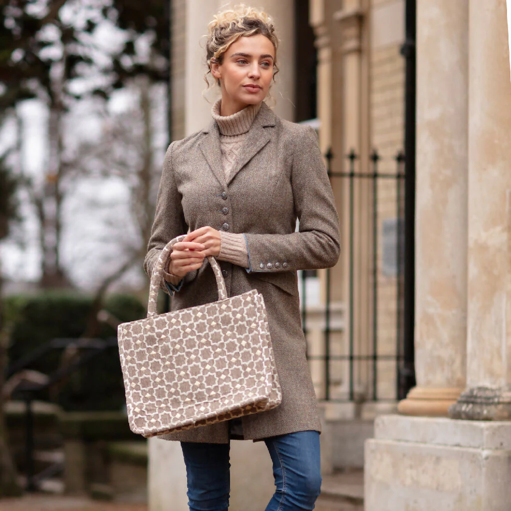 Moroccan Geometric Print Fabric Tote Bag in Grey