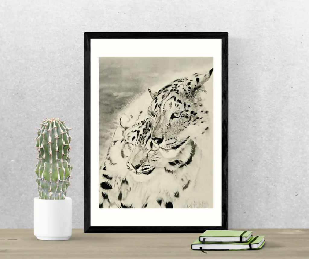 Mother and cub snow leopard print, limited edition mounted A4 size, black and white