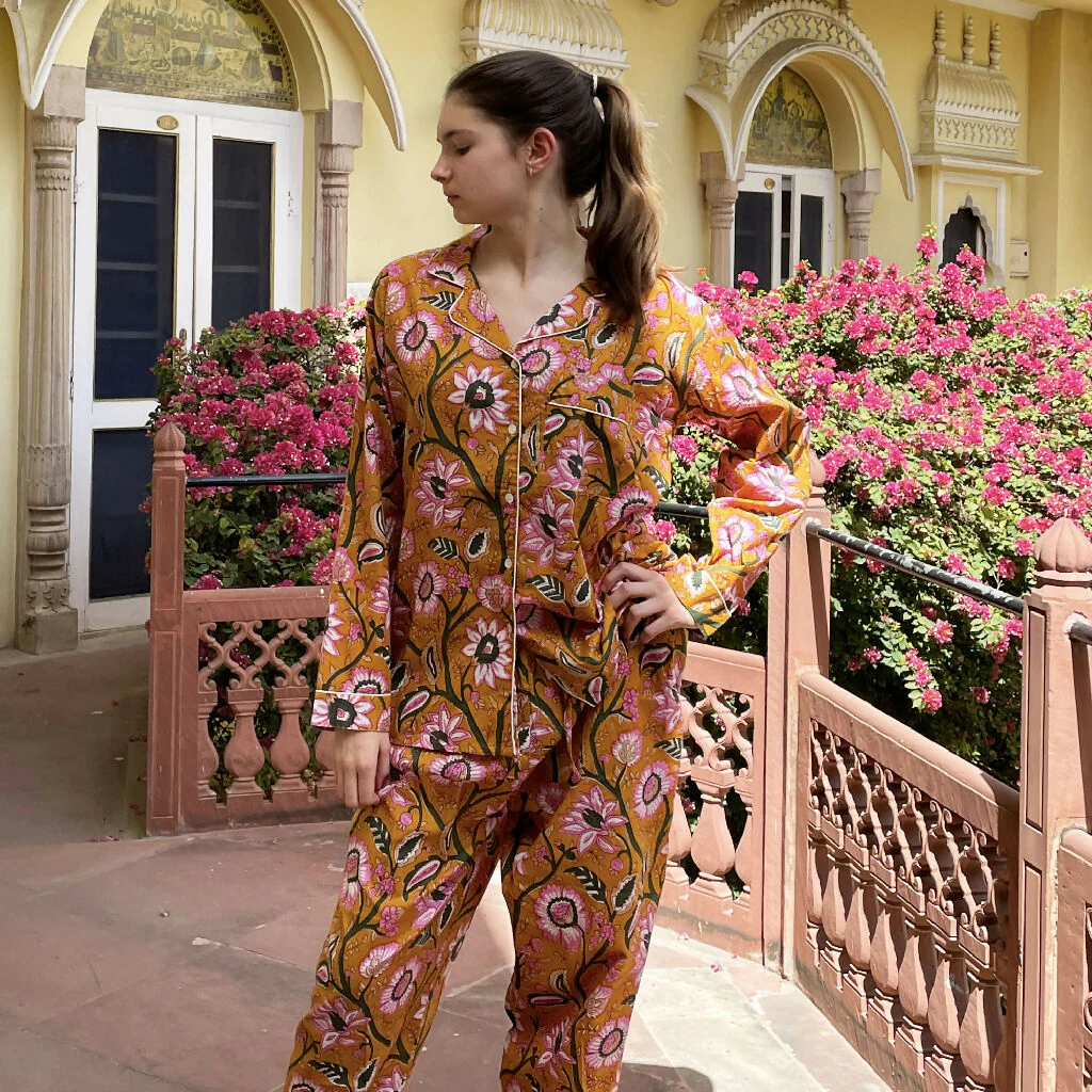 Mustard Yellow Block Print Floral 100% Cotton Long Pyjama Set - Image 2
