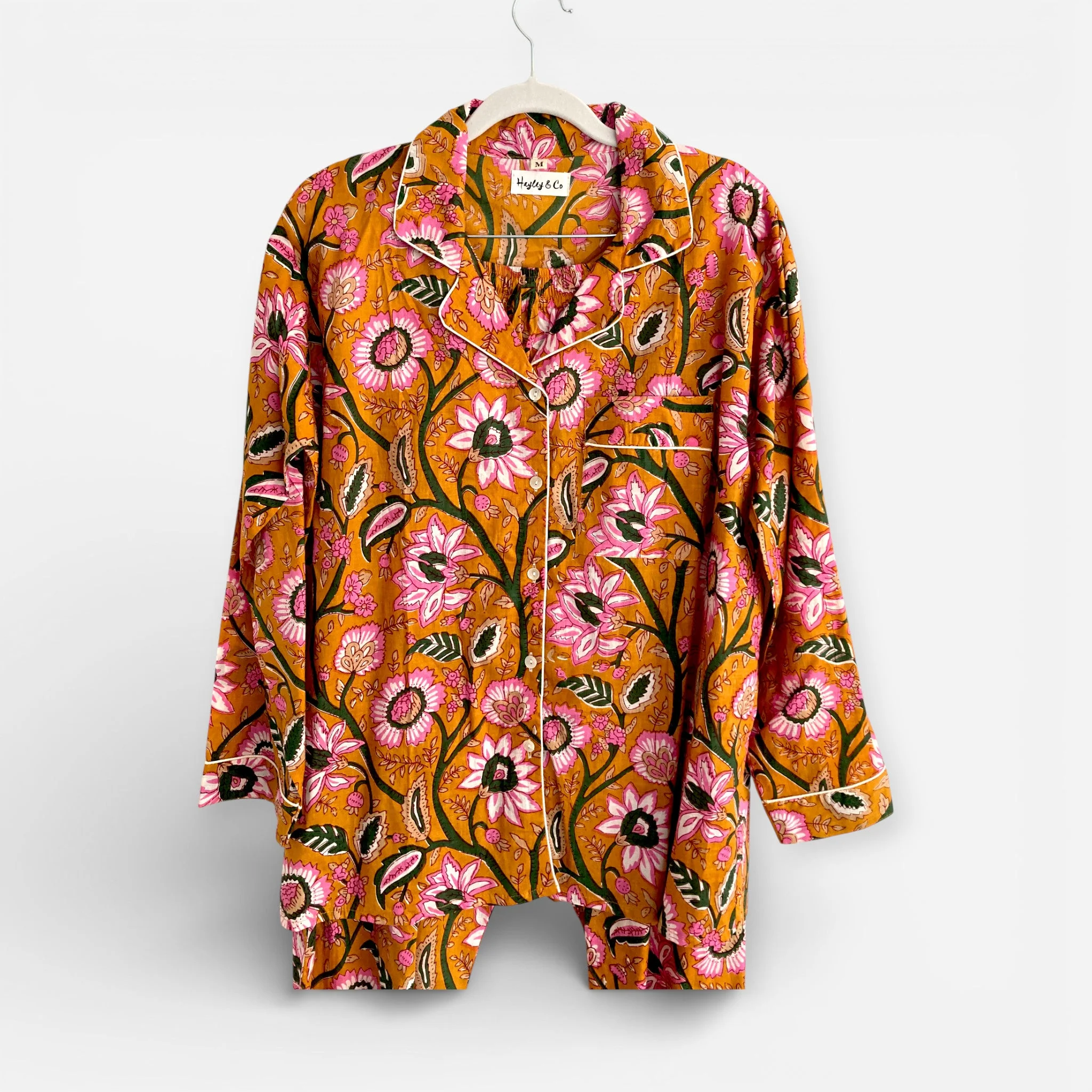 Mustard Yellow Block Print Floral 100% Cotton Long Pyjama Set - Image 5