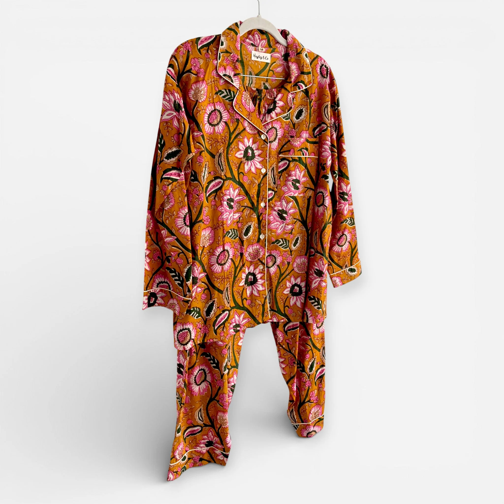 Mustard Yellow Block Print Floral 100% Cotton Long Pyjama Set - Image 7
