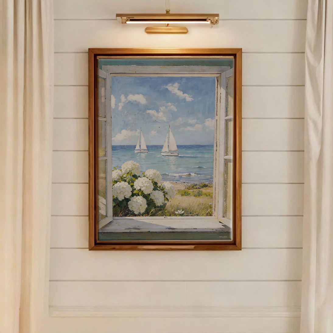 Nantucket Coastal Print, Cottage Window Sea View with Sailboat & Hydrangeas, Coastal Cottage Window Print Nantucket