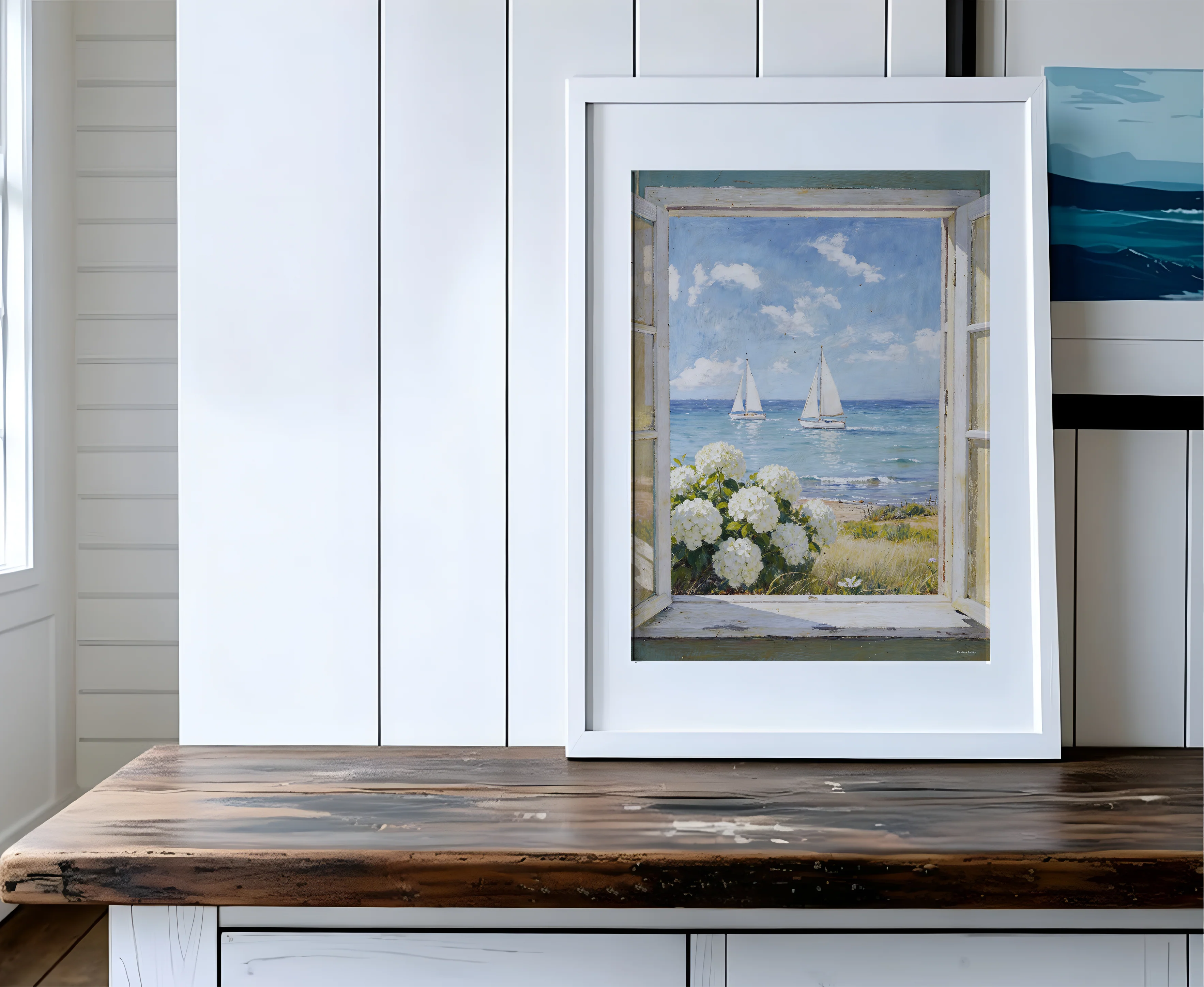 Nantucket Coastal Print, Cottage Window Sea View with Sailboat & Hydrangeas, Coastal Cottage Window Print Nantucket - Image 5