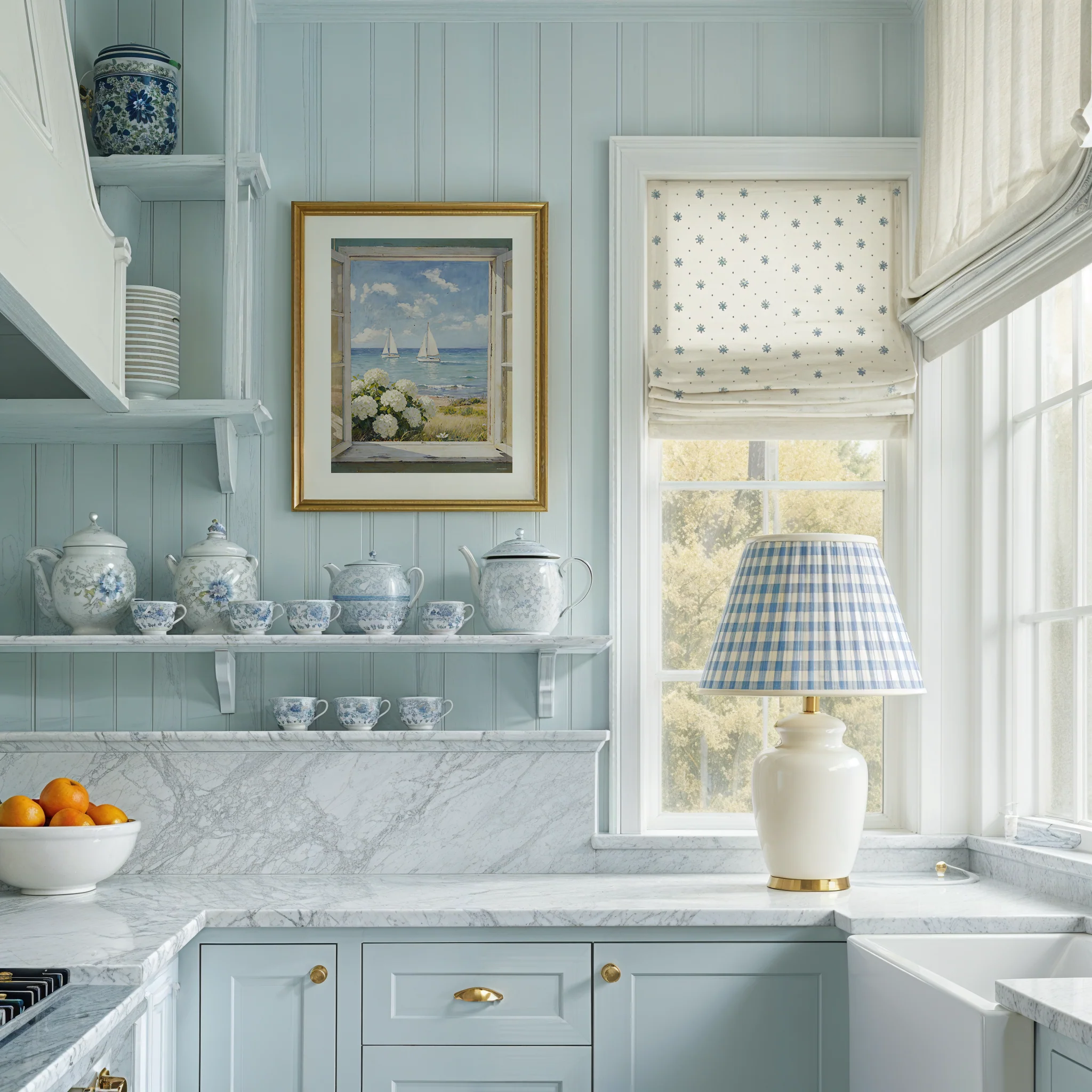Nantucket Coastal Print, Cottage Window Sea View with Sailboat & Hydrangeas, Coastal Cottage Window Print Nantucket - Image 6