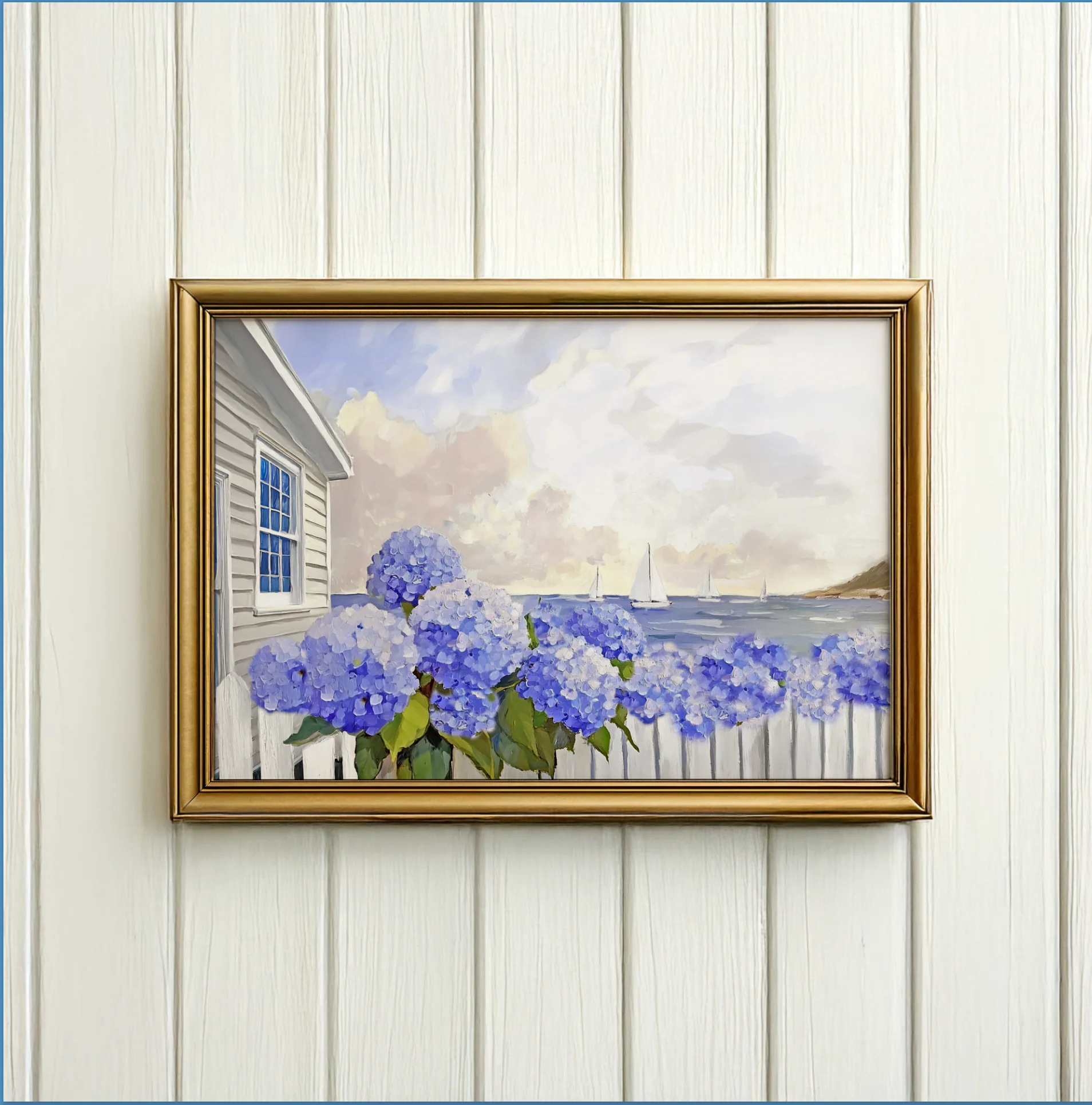 Nantucket Cottage Garden Blue Hydrangea Coastal Wall Art Nantucket Harbor Artwork - Image 3