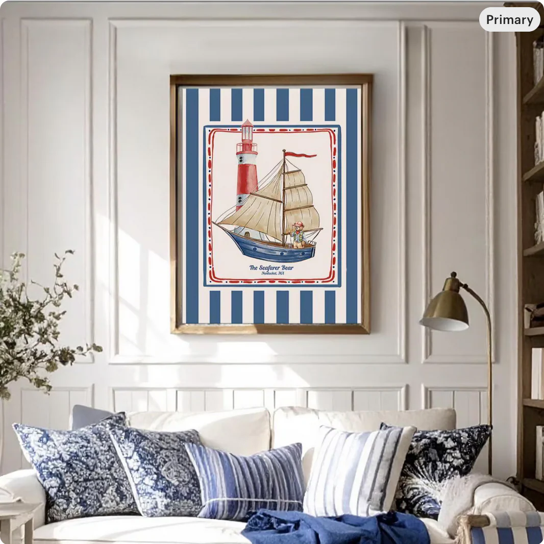 Nantucket Sailing Bear, Vintage Striped Bear Print - Image 8