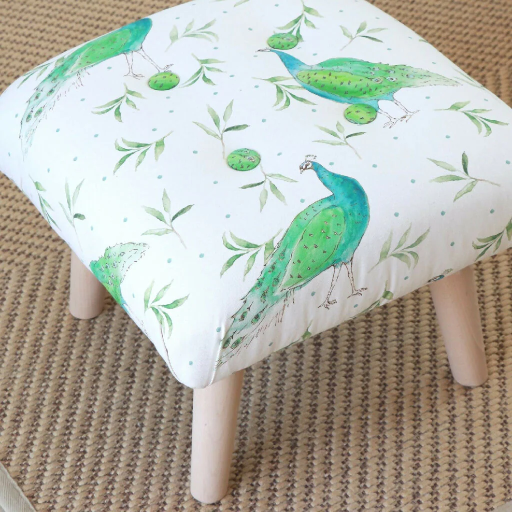 Natural Organic Olive and Dot Peacock Upholstered Footstool - Image 3