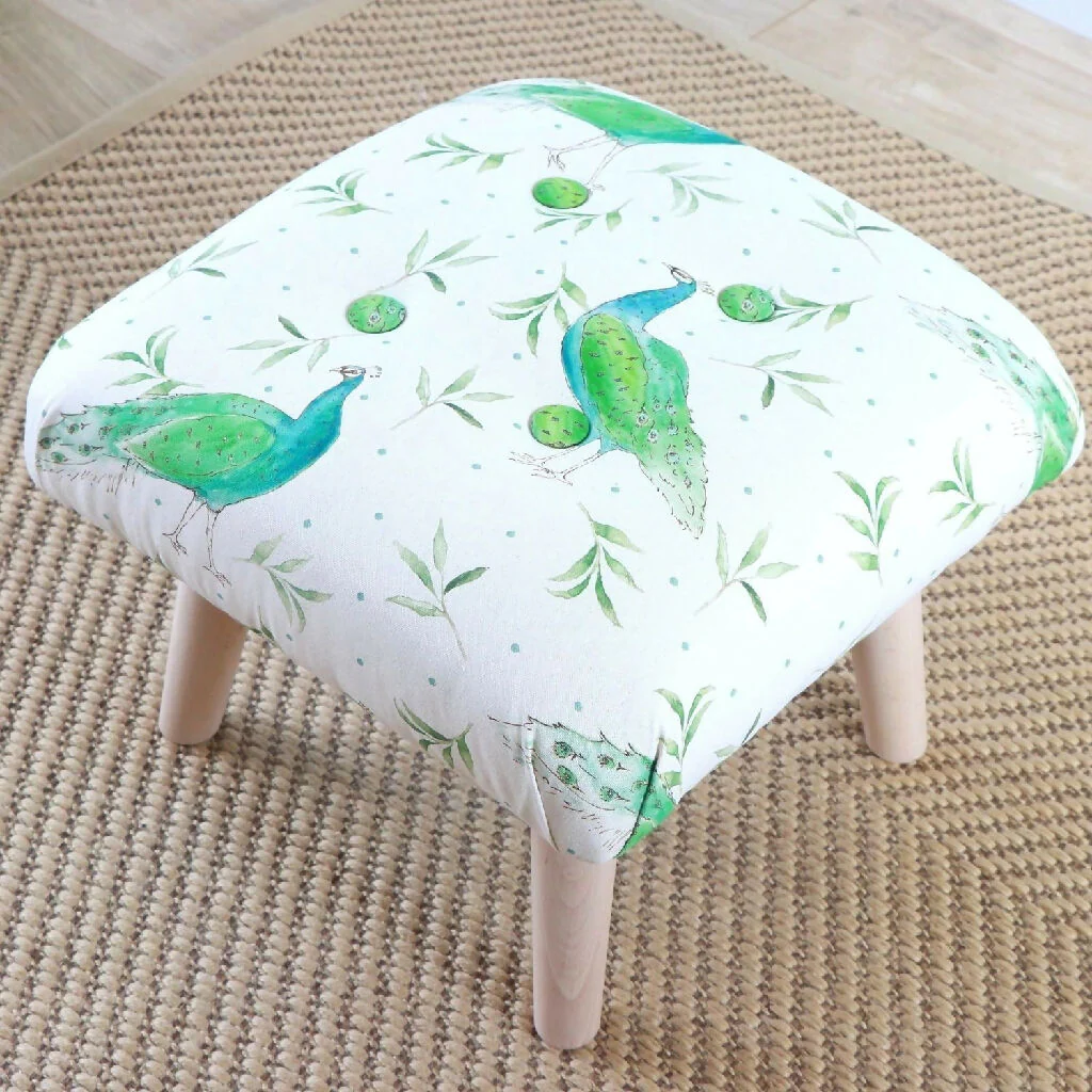 Natural Organic Olive and Dot Peacock Upholstered Footstool - Image 4