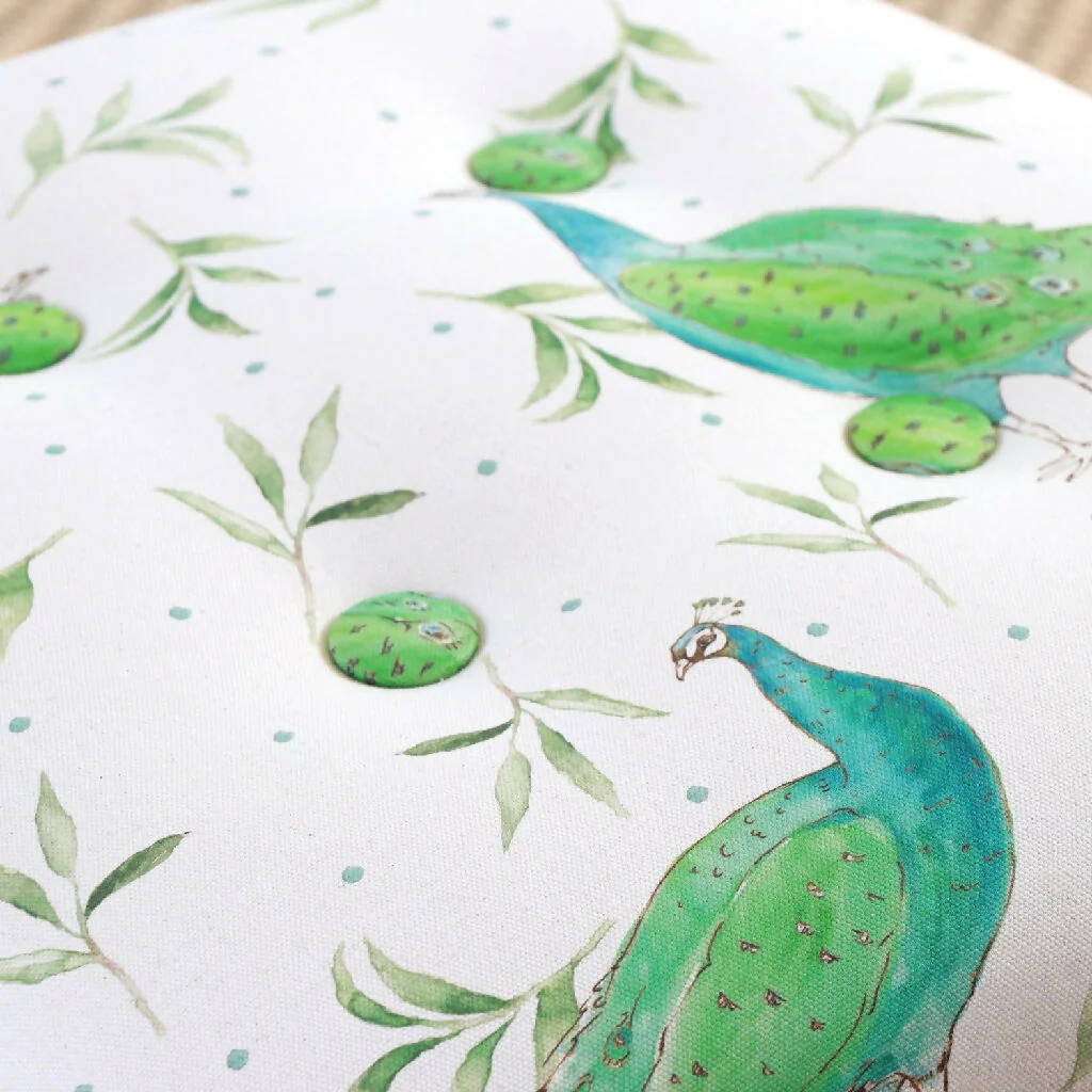 Natural Organic Olive and Dot Peacock Upholstered Footstool - Image 7