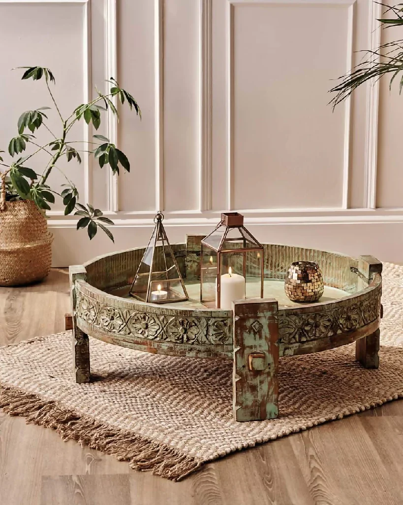 Natural Teak Wood Round Low Height Coffee Table - Image 3