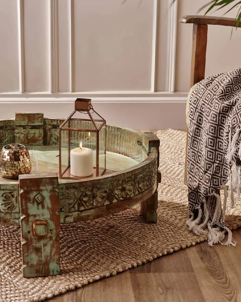 Natural Teak Wood Round Low Height Coffee Table - Image 4