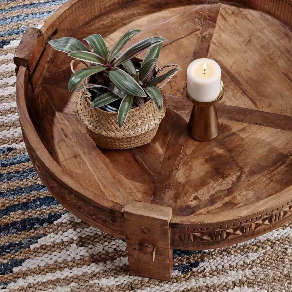 Natural Teak Wood Round Low Height Coffee Table - Image 5