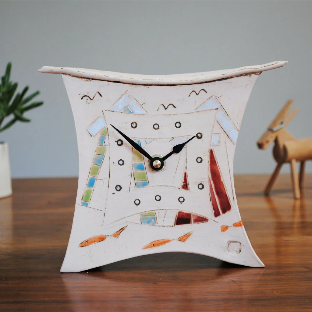 Nautical Ceramic Clock With Beach Huts and Fish - Image 3