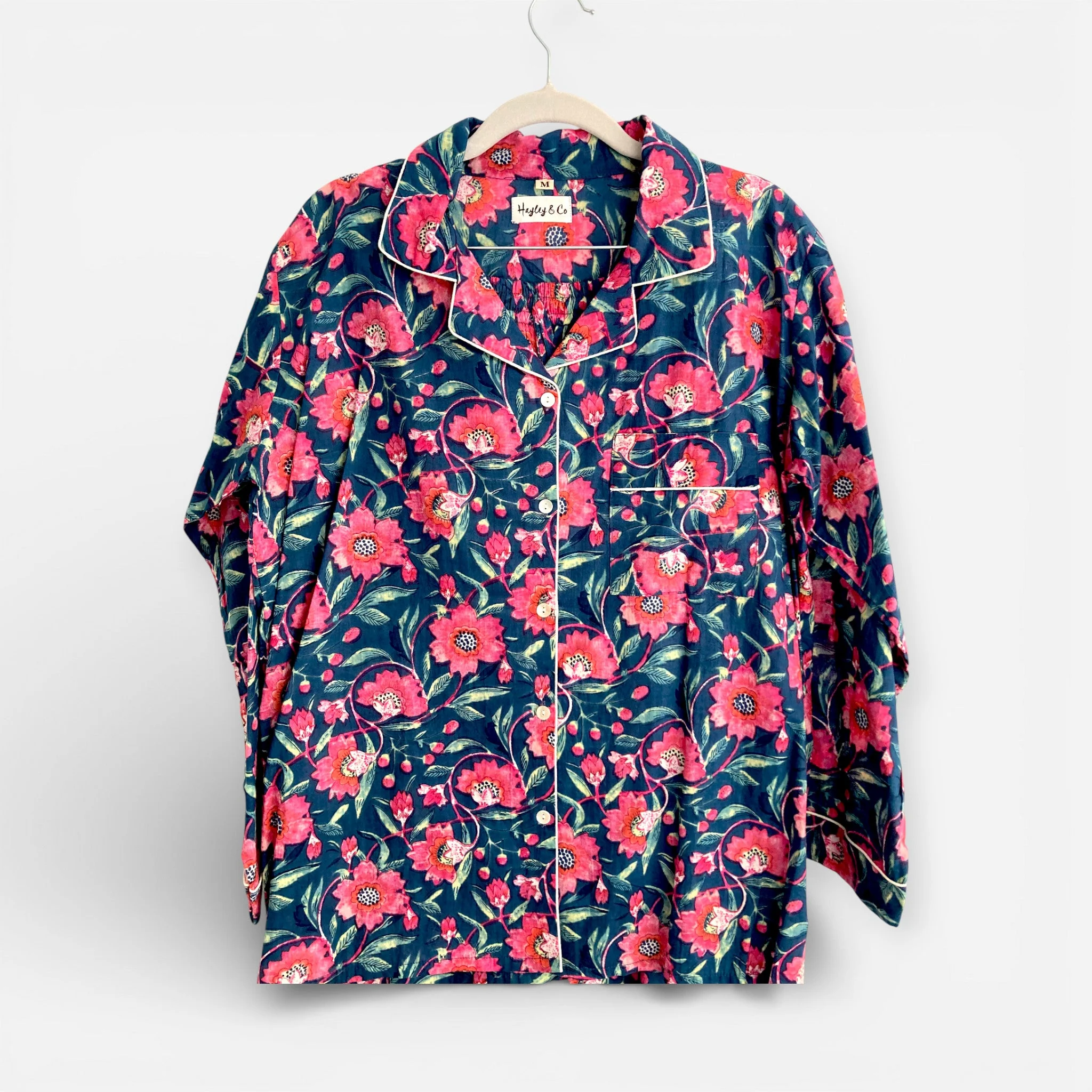 Navy and Pink Block Print Floral 100% Cotton Long Pyjama Set - Image 5