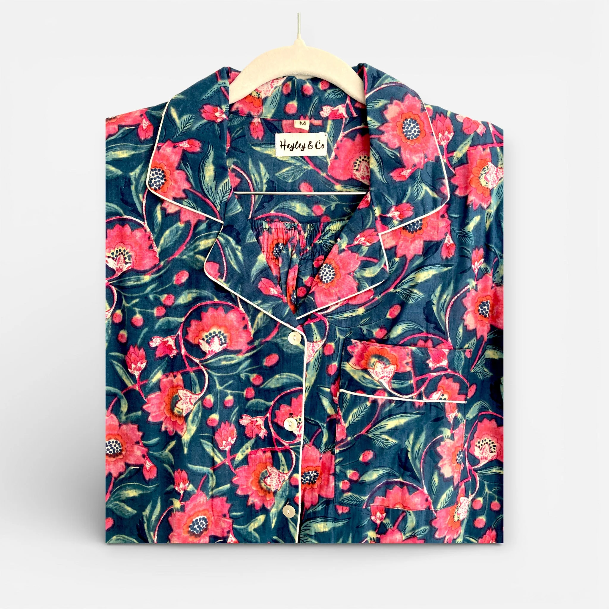 Navy and Pink Block Print Floral 100% Cotton Long Pyjama Set - Image 7