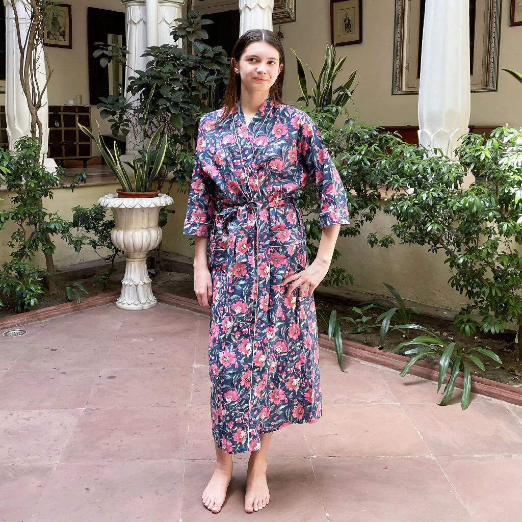 Navy and Pink Floral Block Print 100% Cotton Dressing Gown - Image 2