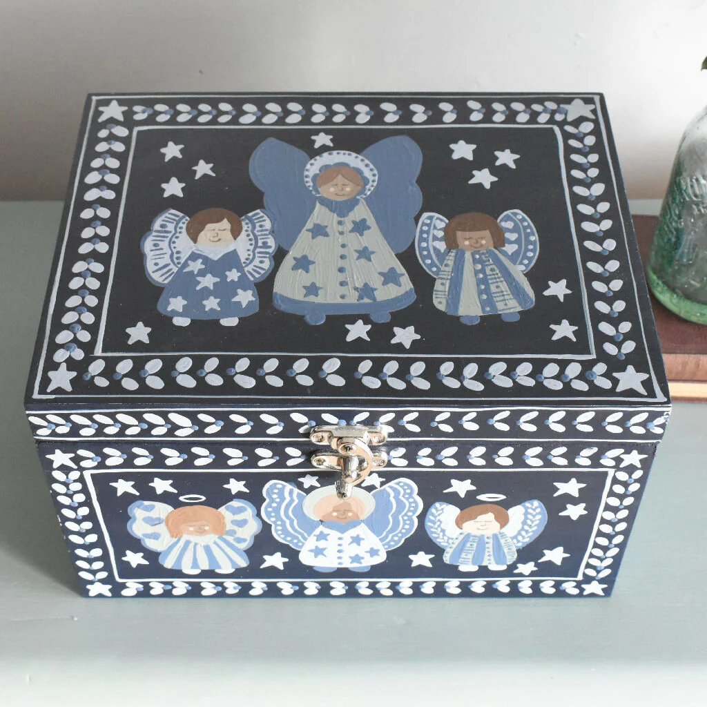 Navy Blue Angel Folk Art Decorative Keepsake Box - Image 2