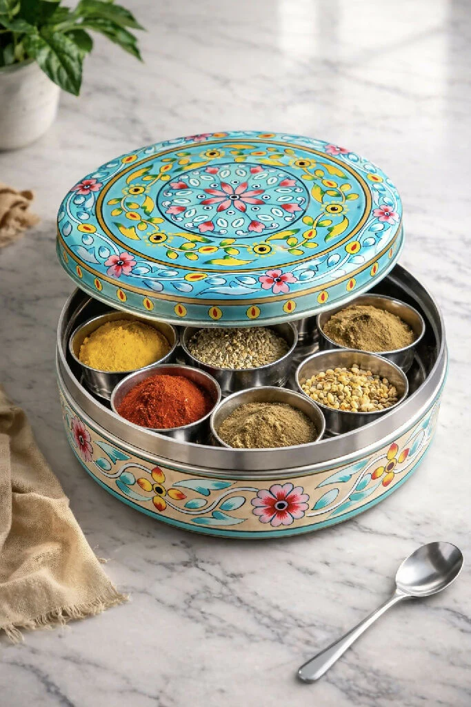 New 7 Inch Hand-Painted Masala Dabba – Stainless Steel Indian Spice Box - Image 2
