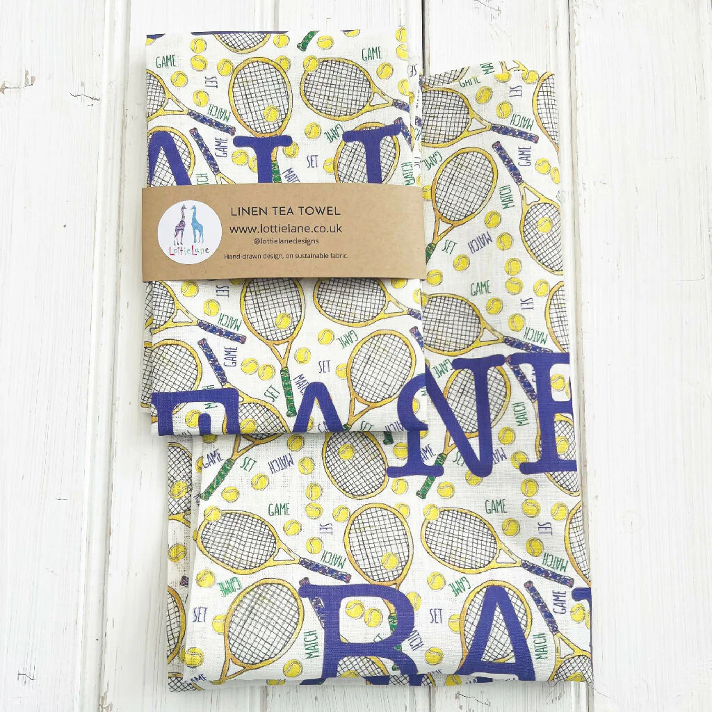 'New Balls Please' Tennis theme Linen Tea Towel - Image 3