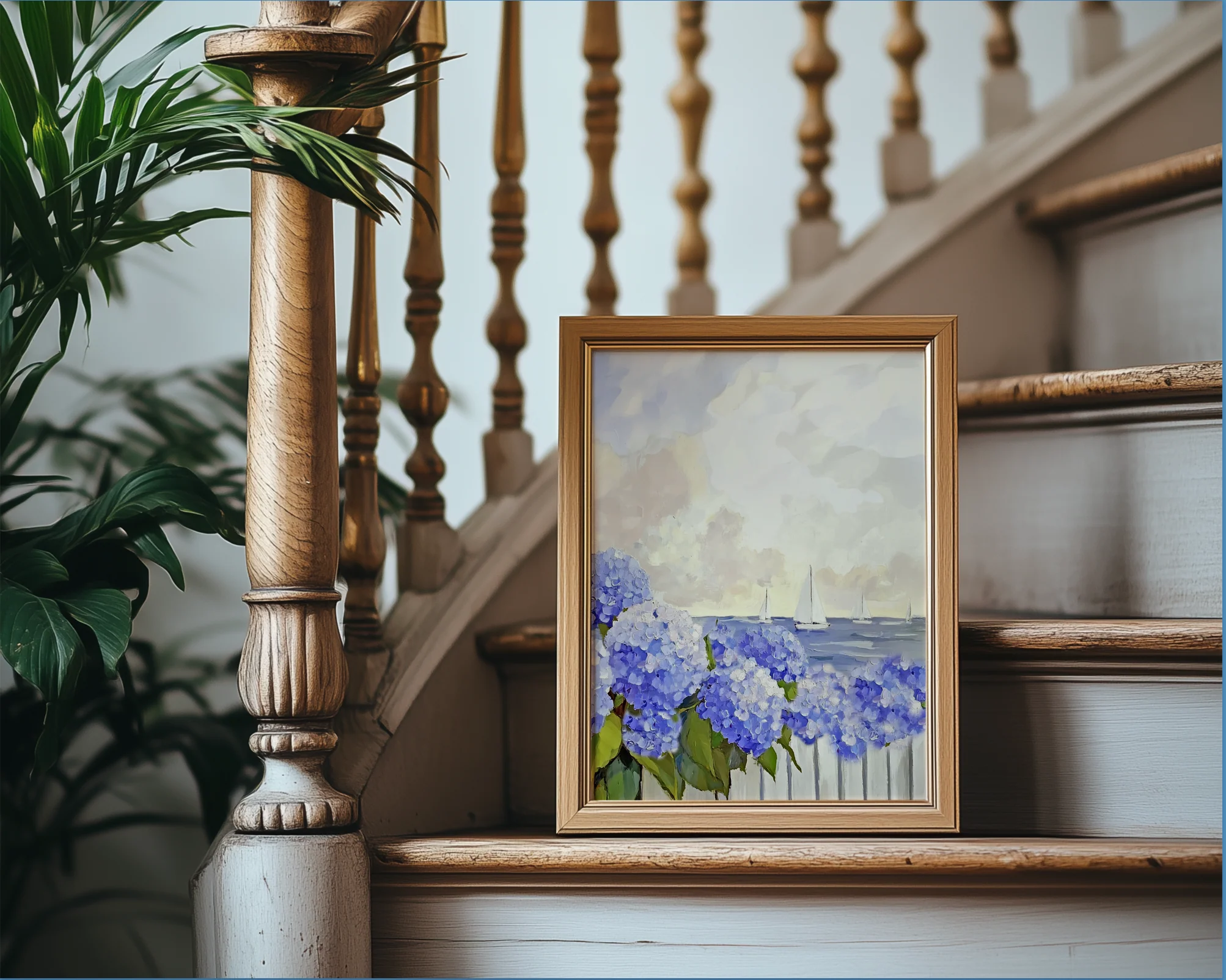 New England Coastal Garden Print, Blue Hydrangea Wall Art - Image 3